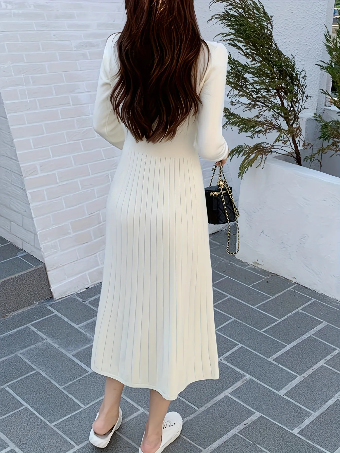 realaiot  Button Front V-neck Sweater Dress, Solid Long Sleeve Dress, Women's Clothing