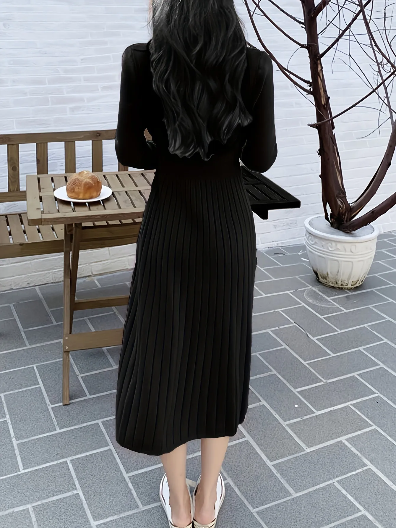 realaiot  Button Front V-neck Sweater Dress, Solid Long Sleeve Dress, Women's Clothing