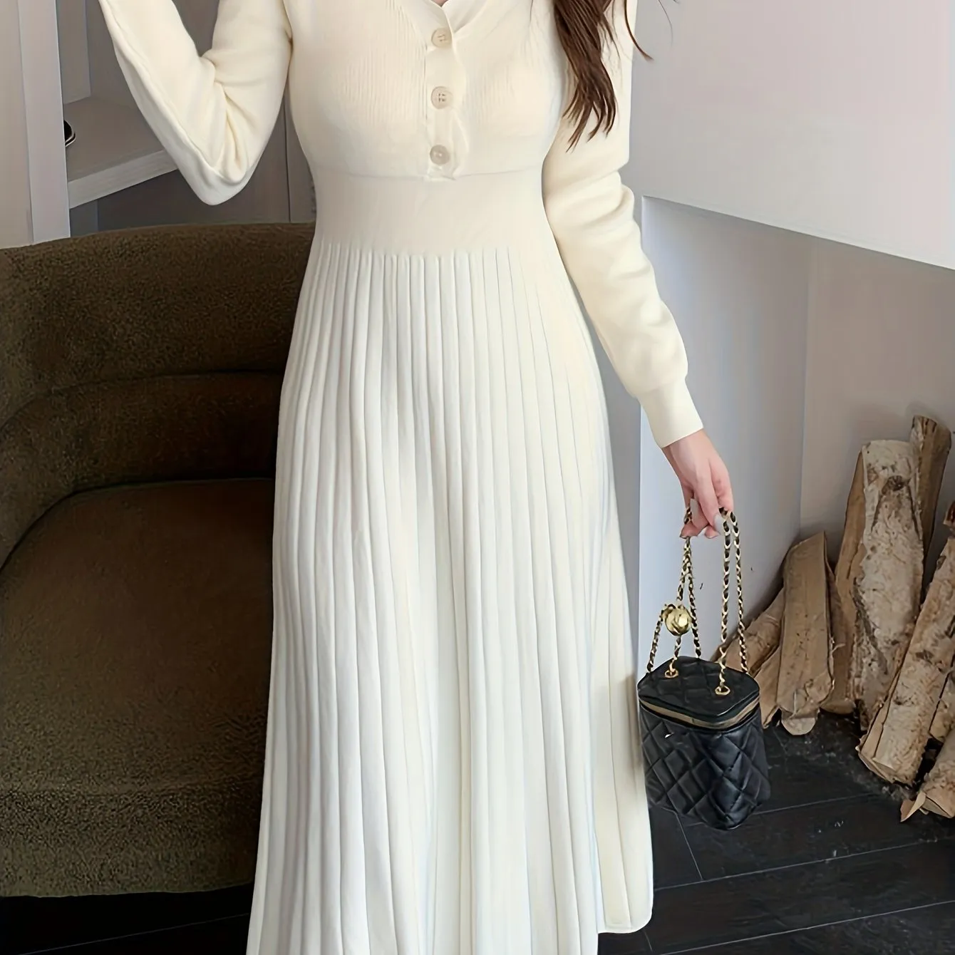 realaiot  Button Front V-neck Sweater Dress, Solid Long Sleeve Dress, Women's Clothing