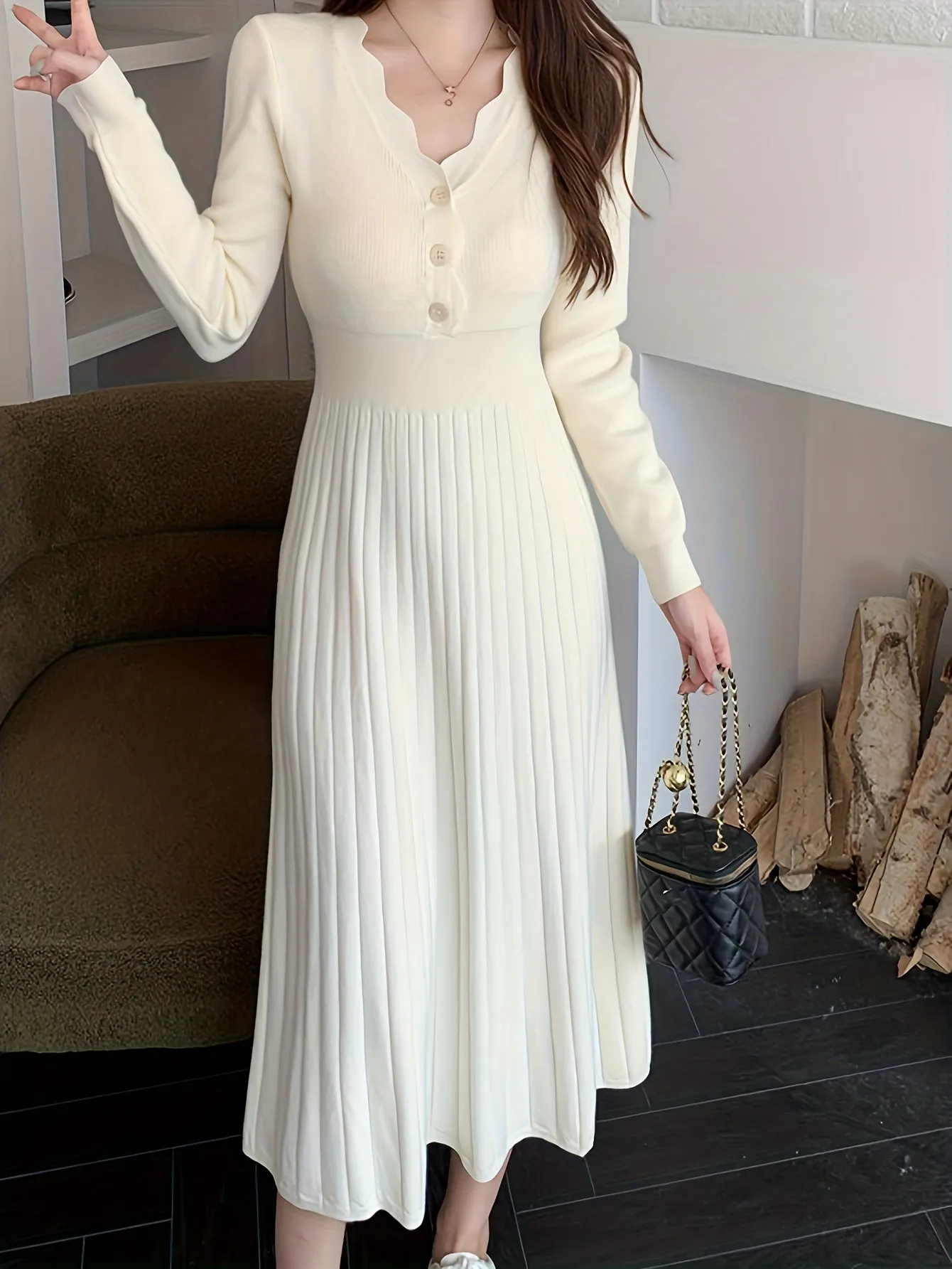 realaiot  Button Front V-neck Sweater Dress, Solid Long Sleeve Dress, Women's Clothing