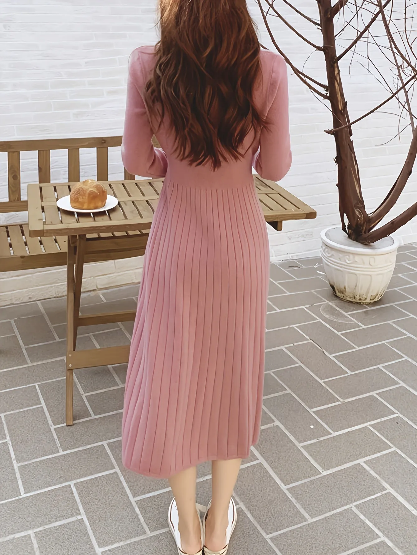 realaiot  Button Front V-neck Sweater Dress, Solid Long Sleeve Dress, Women's Clothing