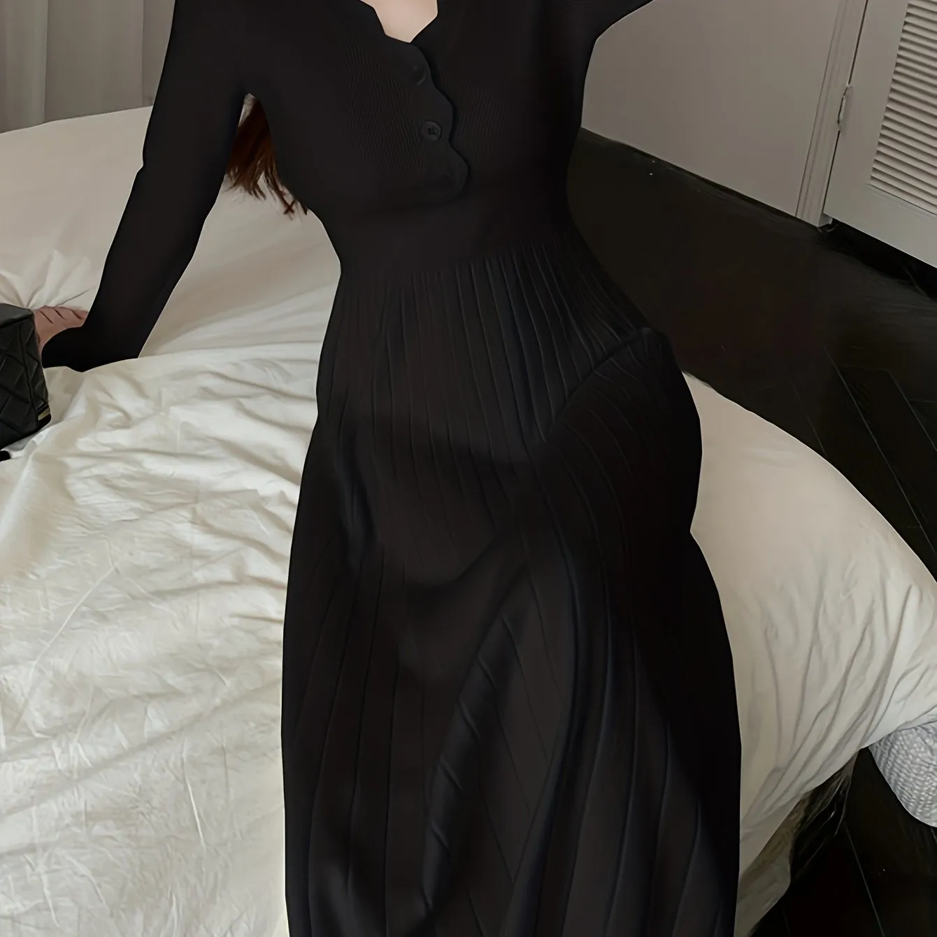 realaiot  Button Front V-neck Sweater Dress, Solid Long Sleeve Dress, Women's Clothing