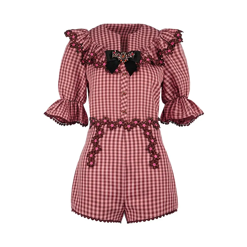 Retro bow shirt high waist shorts two piece set- Winner