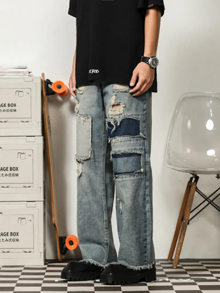Retro Ripped Patched Jeans