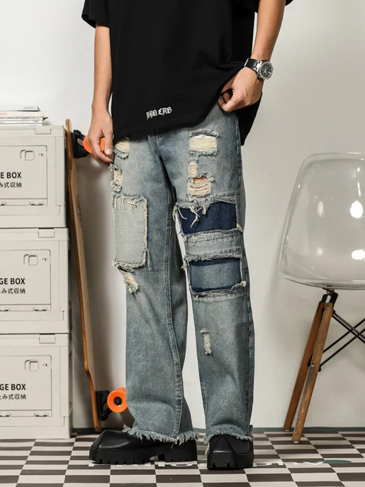 Retro Ripped Patched Jeans