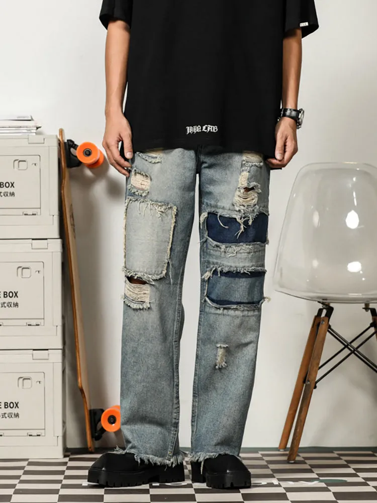 Retro Ripped Patched Jeans