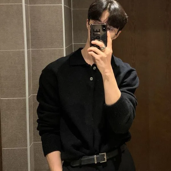 Riolio mens fall outfits Lapel Polo Shirt Sweater Men's Loose Korean Style Trendy Handsome All-Match Solid Color Bottoming Sweater Top Coat