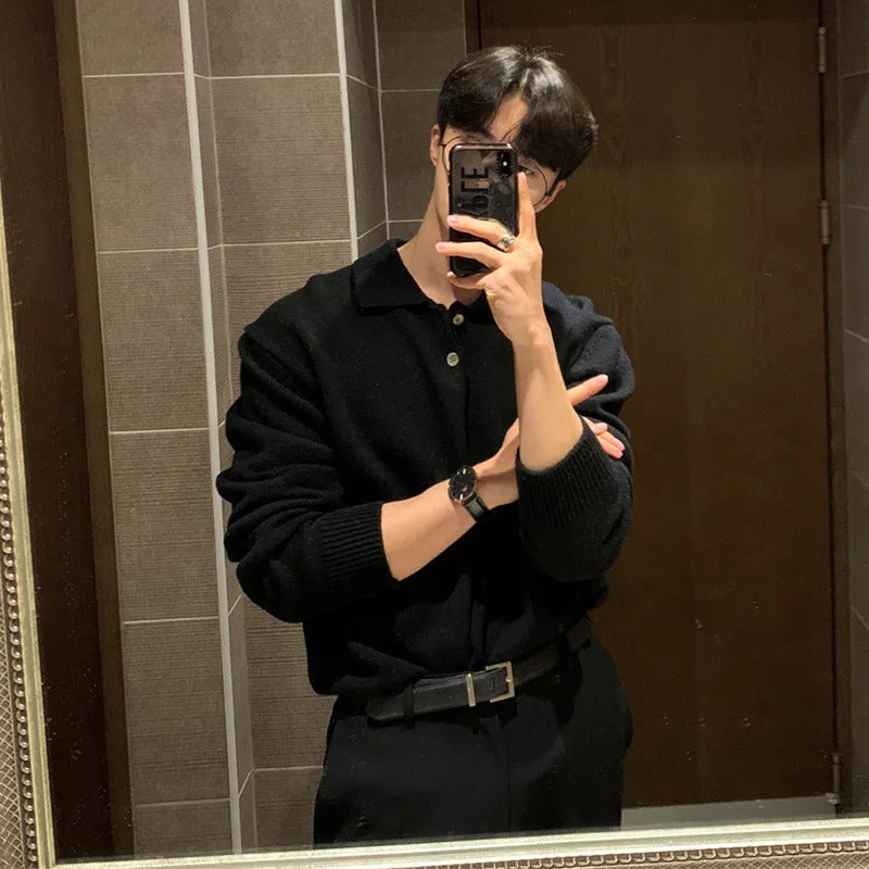 Riolio mens fall outfits Lapel Polo Shirt Sweater Men's Loose Korean Style Trendy Handsome All-Match Solid Color Bottoming Sweater Top Coat