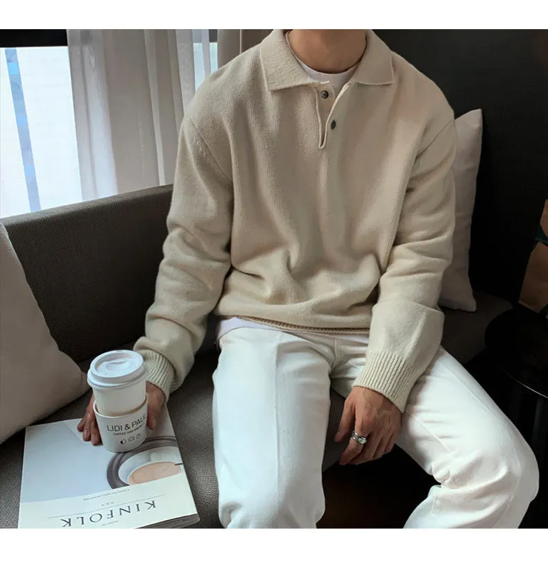 Riolio mens fall outfits Lapel Polo Shirt Sweater Men's Loose Korean Style Trendy Handsome All-Match Solid Color Bottoming Sweater Top Coat