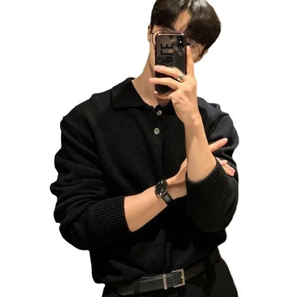 Riolio mens fall outfits Lapel Polo Shirt Sweater Men's Loose Korean Style Trendy Handsome All-Match Solid Color Bottoming Sweater Top Coat