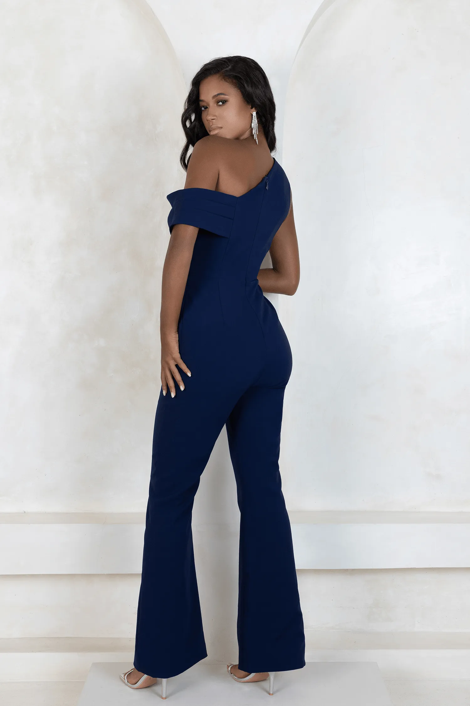 RYLIE One Shoulder Pleat Detail Jumpsuit In Navy