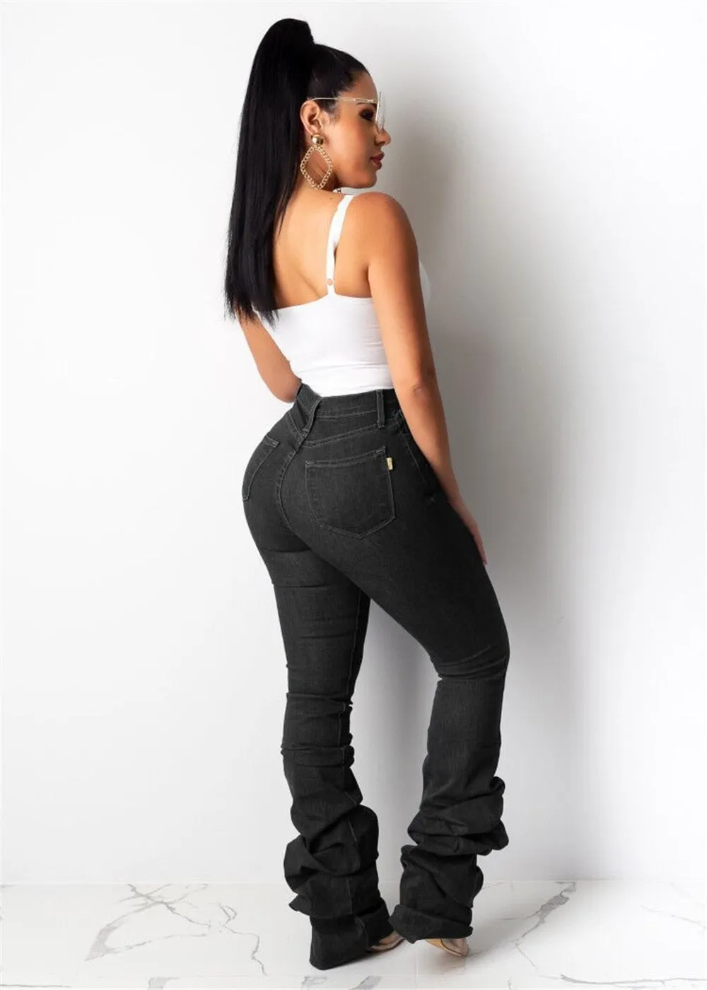 Stacked Jeans Women High Waist Bell Bottom Jeans Streetwear Flare Jeans Black Denim Pants Vintage Trousers Female