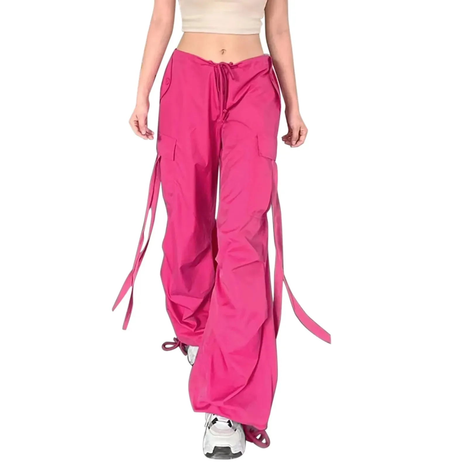 Streetwear Wide High Straight Hot Pink Lace-up Cargo Fashion Pants