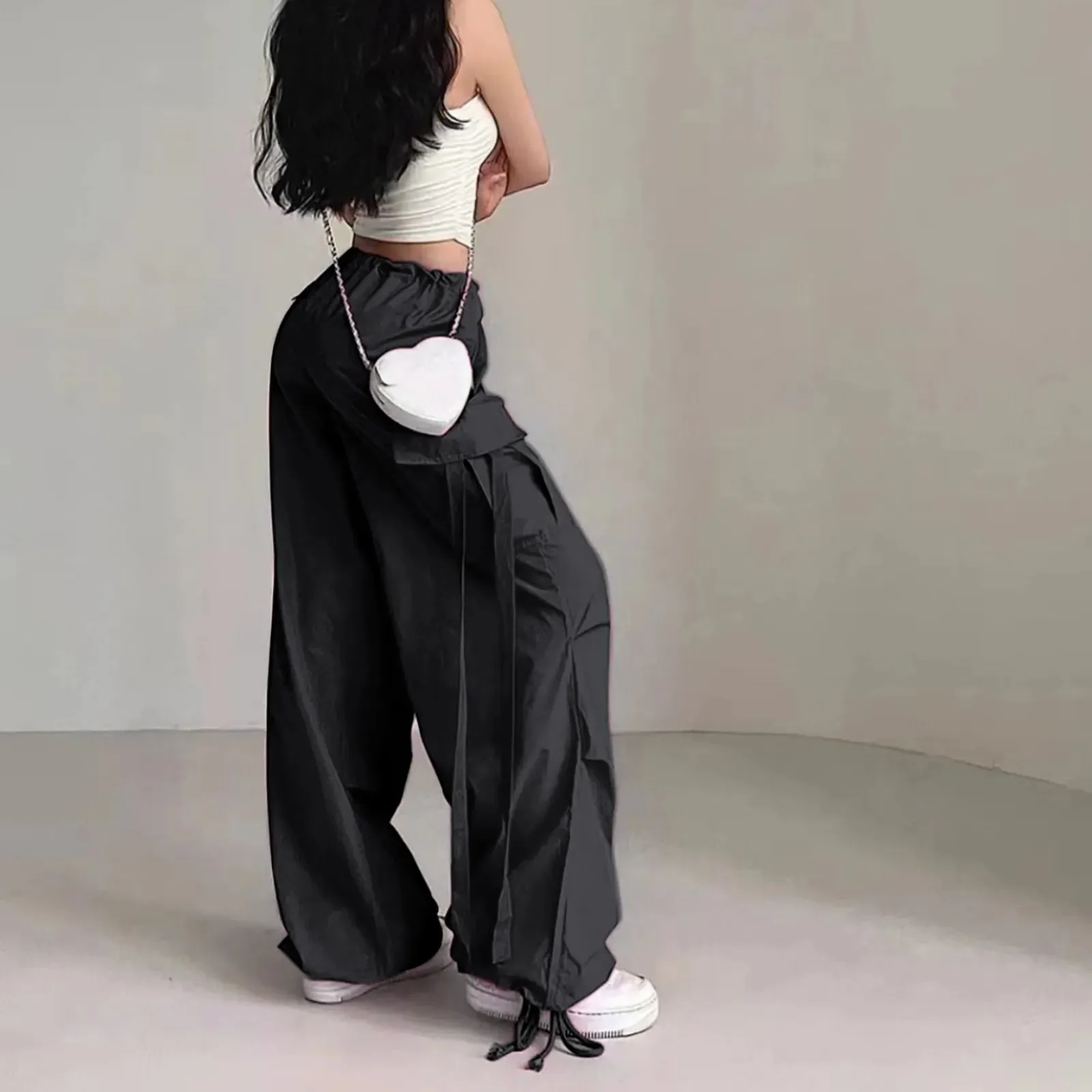 Streetwear Wide High Straight Hot Pink Lace-up Cargo Fashion Pants