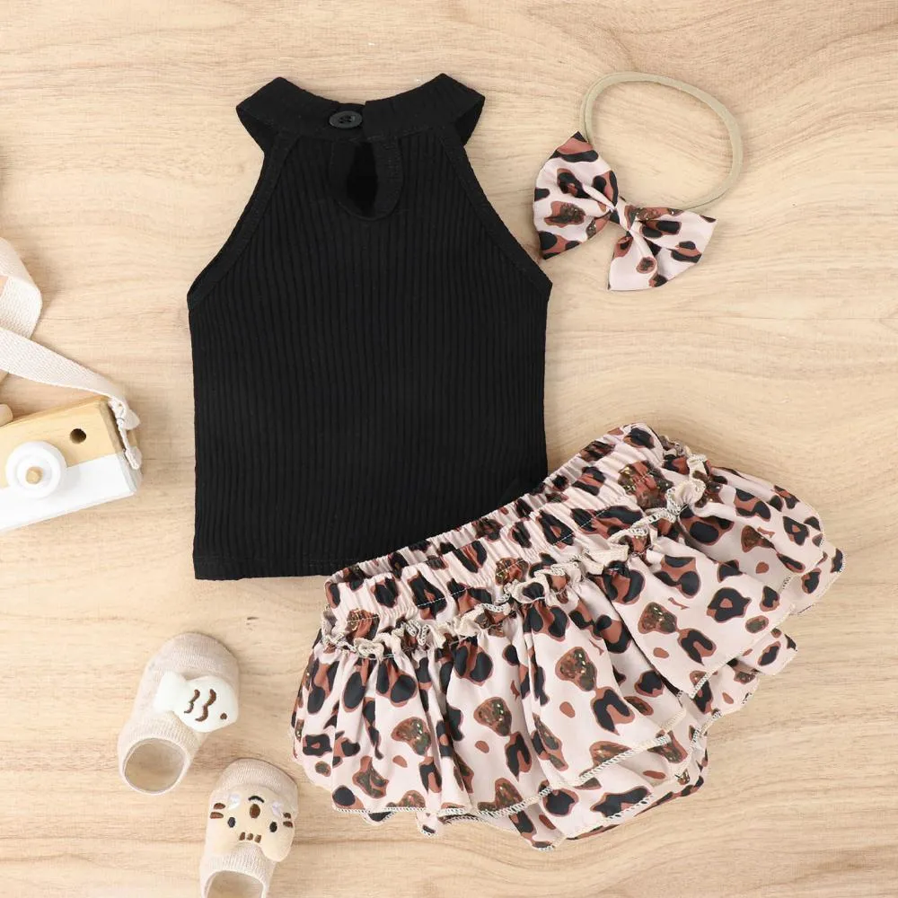 Summer Sleeveless Vest Leopard Bow Skirt Fart Pants Baby Suit Wholesale