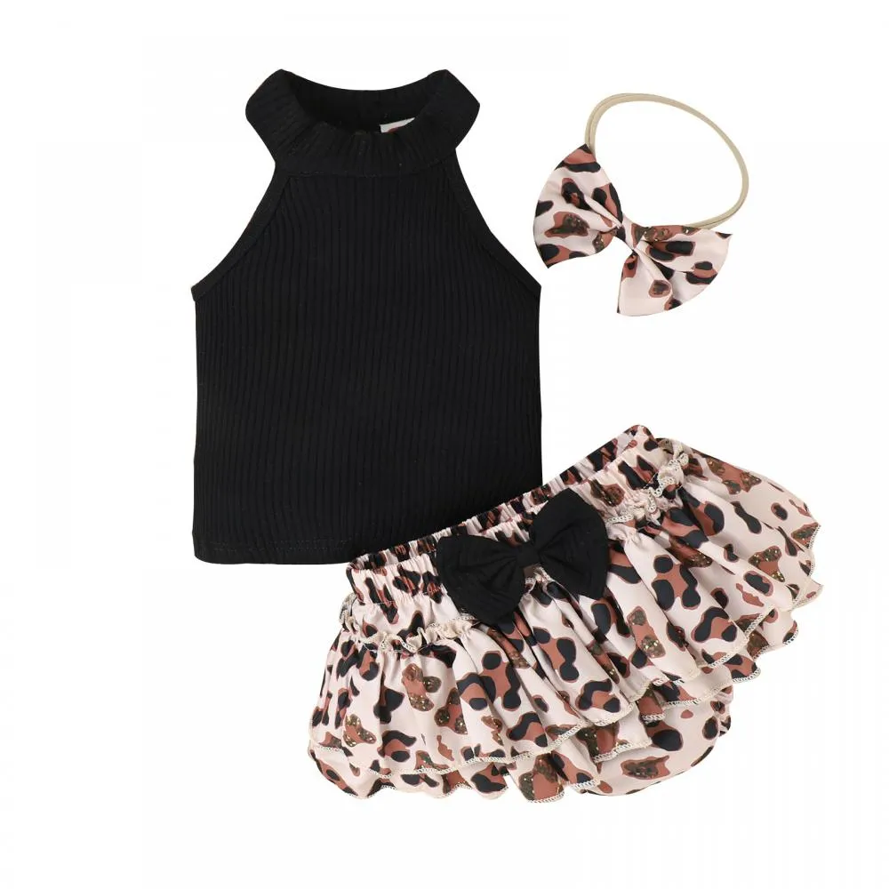 Summer Sleeveless Vest Leopard Bow Skirt Fart Pants Baby Suit Wholesale