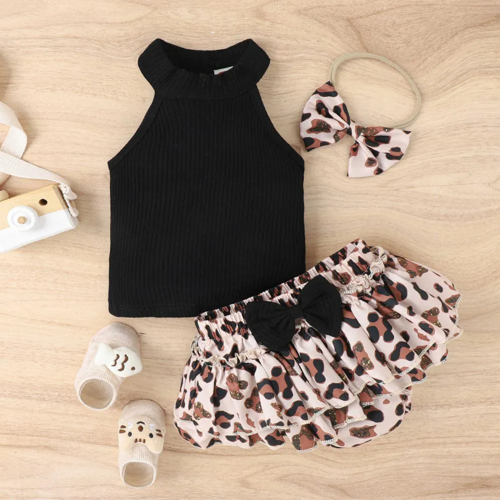 Summer Sleeveless Vest Leopard Bow Skirt Fart Pants Baby Suit Wholesale