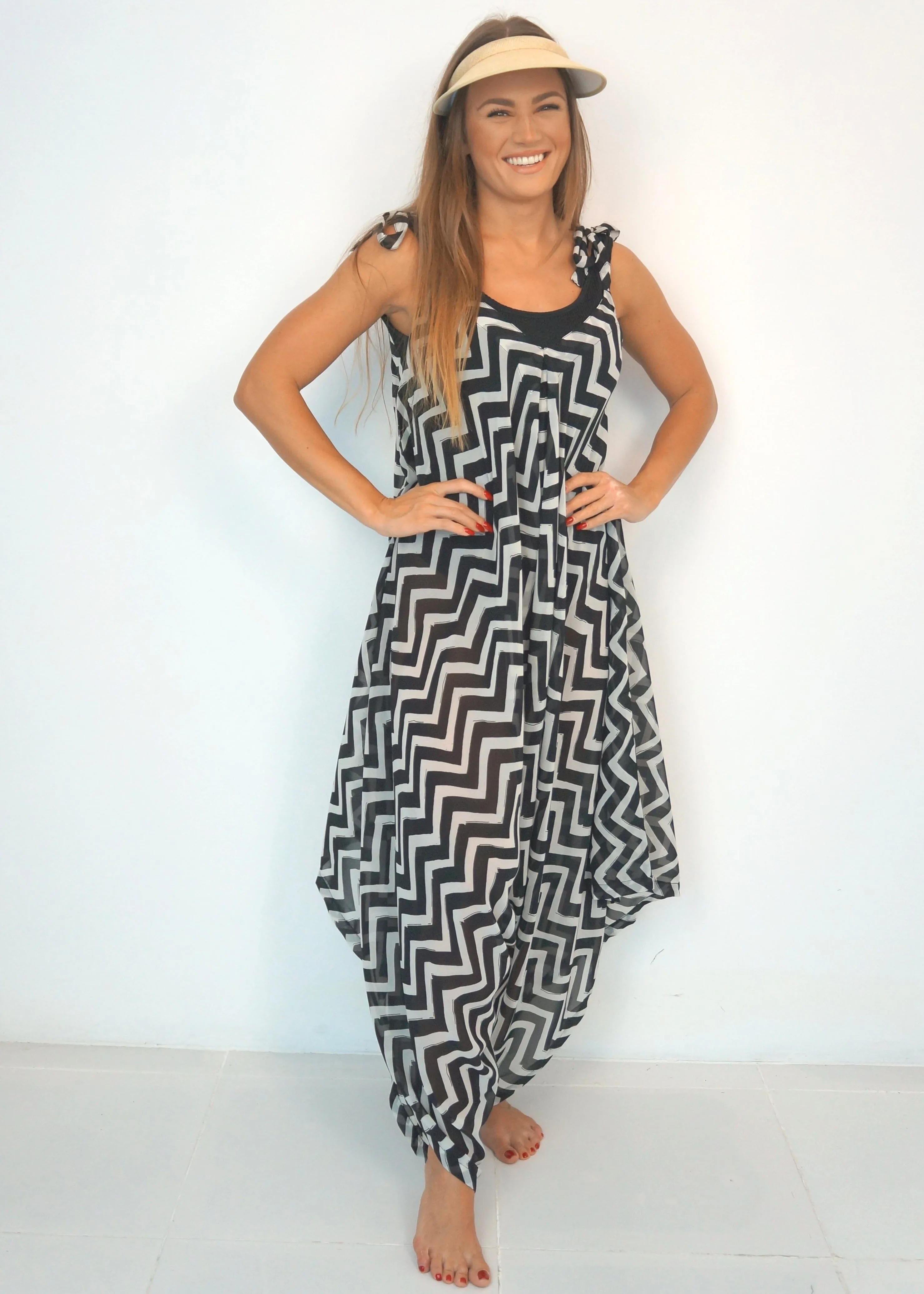 The Harem Jumpsuit - Black & White Painted Chevron