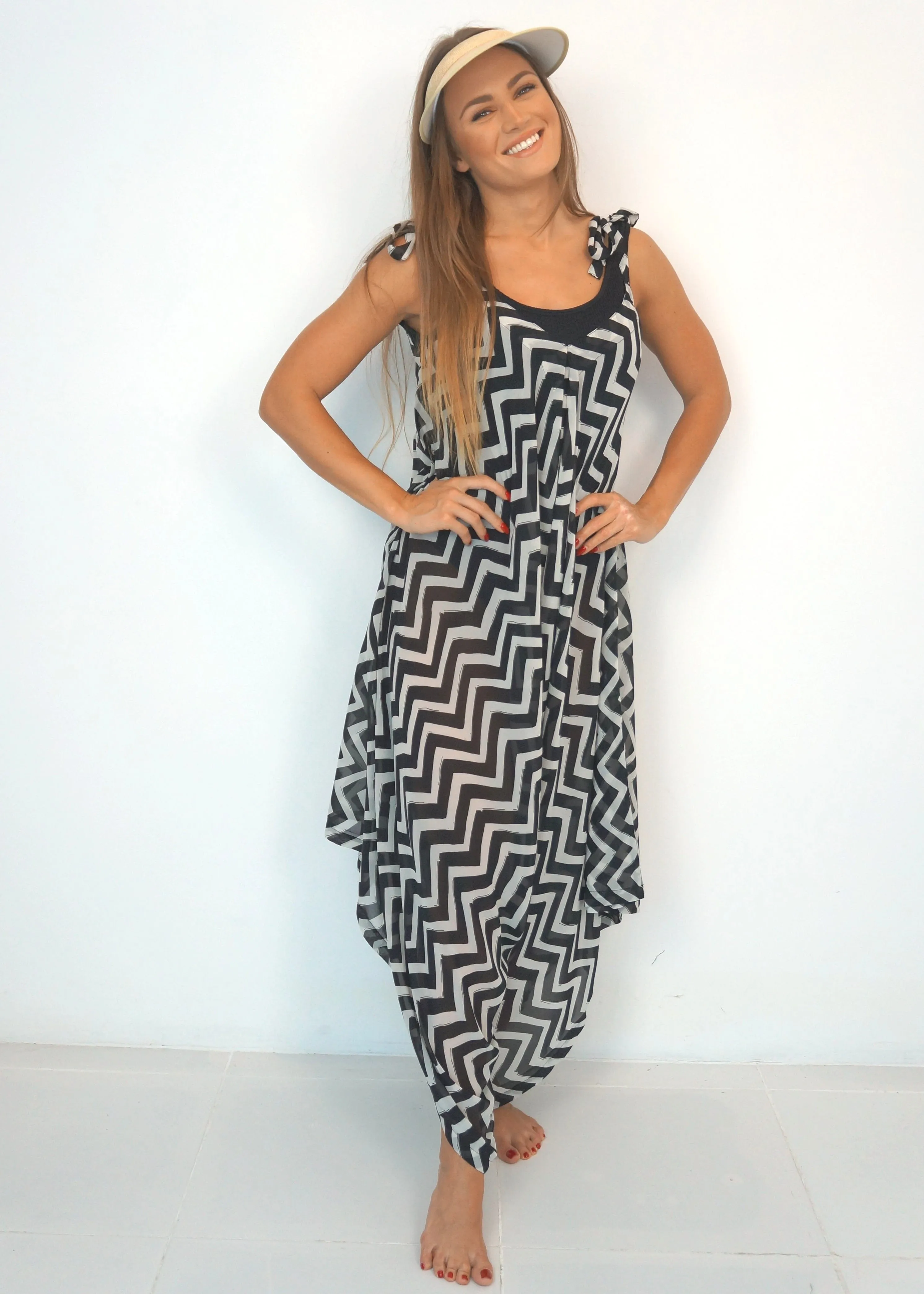 The Harem Jumpsuit - Black & White Painted Chevron