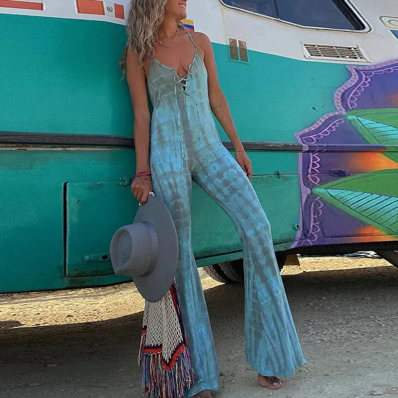 UAKISS  -  Summer Women Slim High Waist Jumpsuits Patchwork Hollow Out Femme Print Flare Pants Streetwear Casual Long Pants Party Rompers