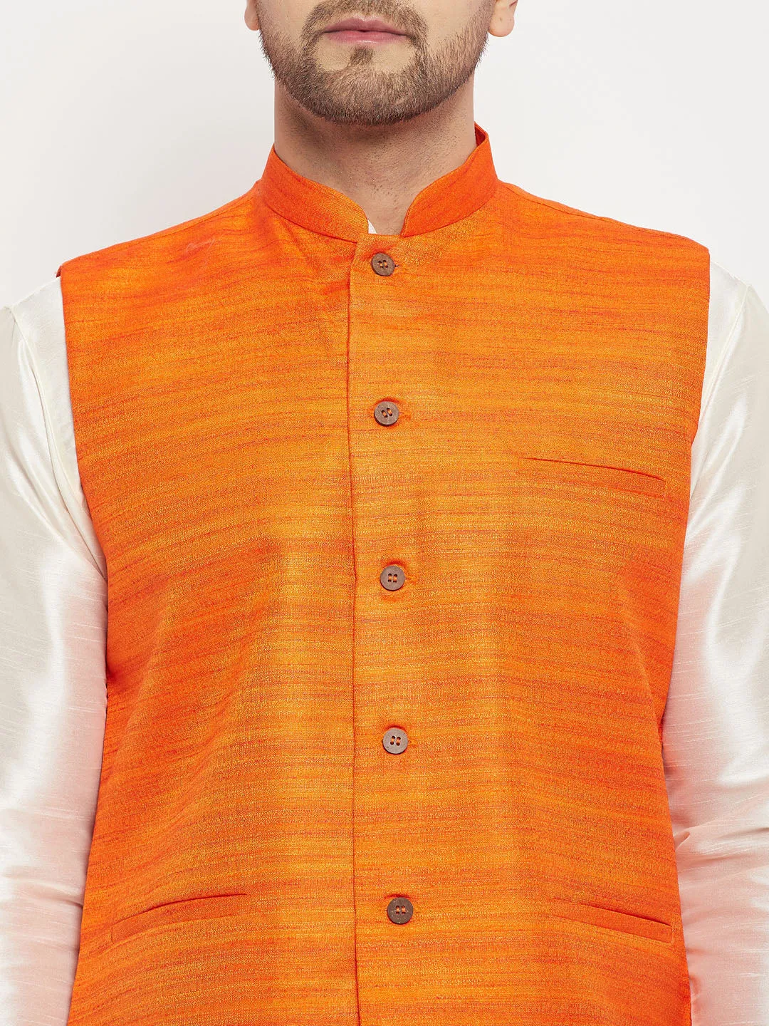 VASTRAMAY Orange Matka Silk Nehru Jacket Set
