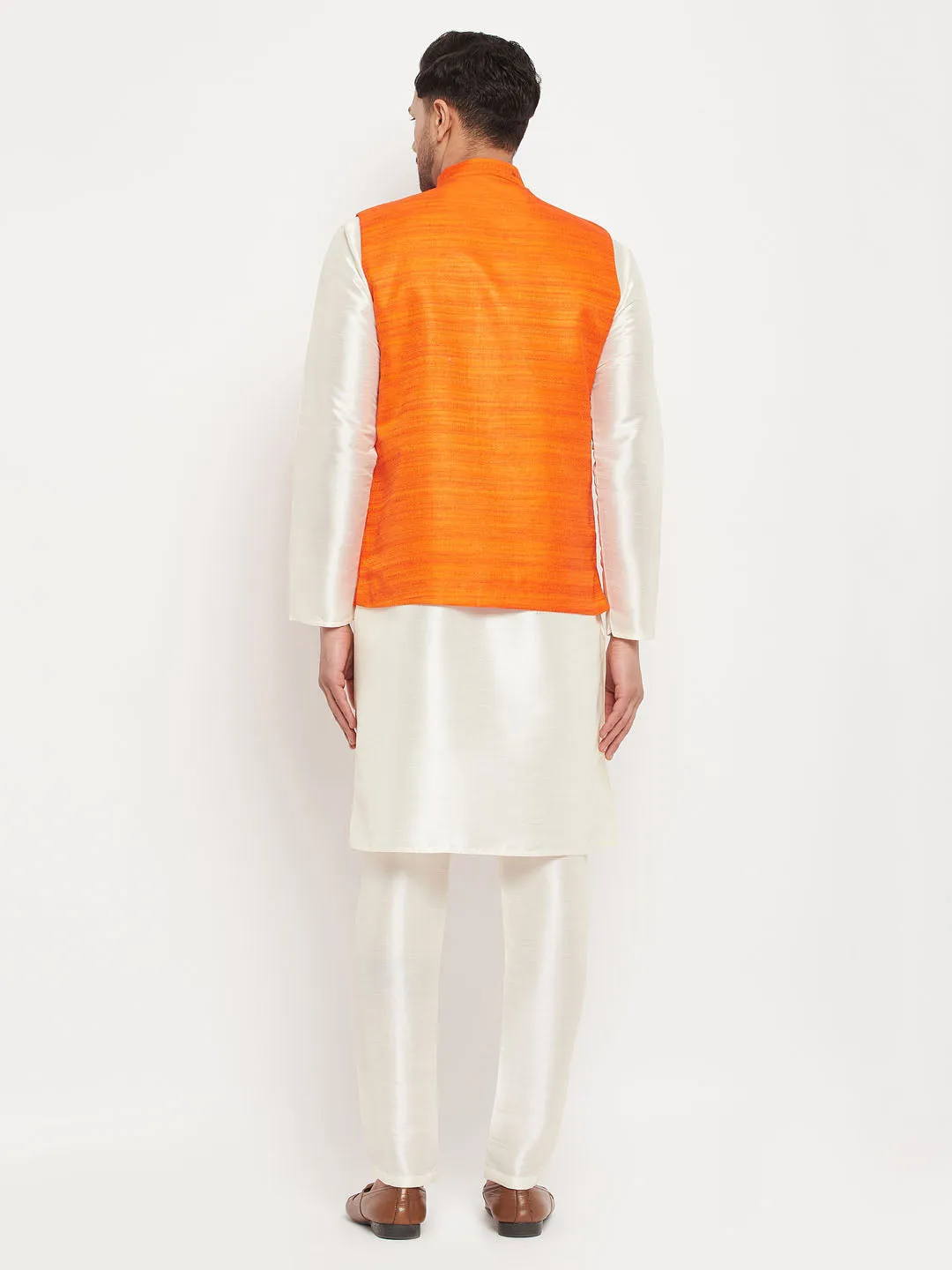 VASTRAMAY Orange Matka Silk Nehru Jacket Set