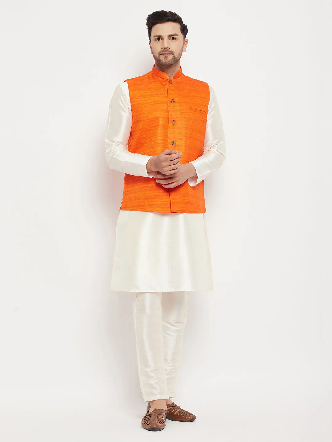 VASTRAMAY Orange Matka Silk Nehru Jacket Set