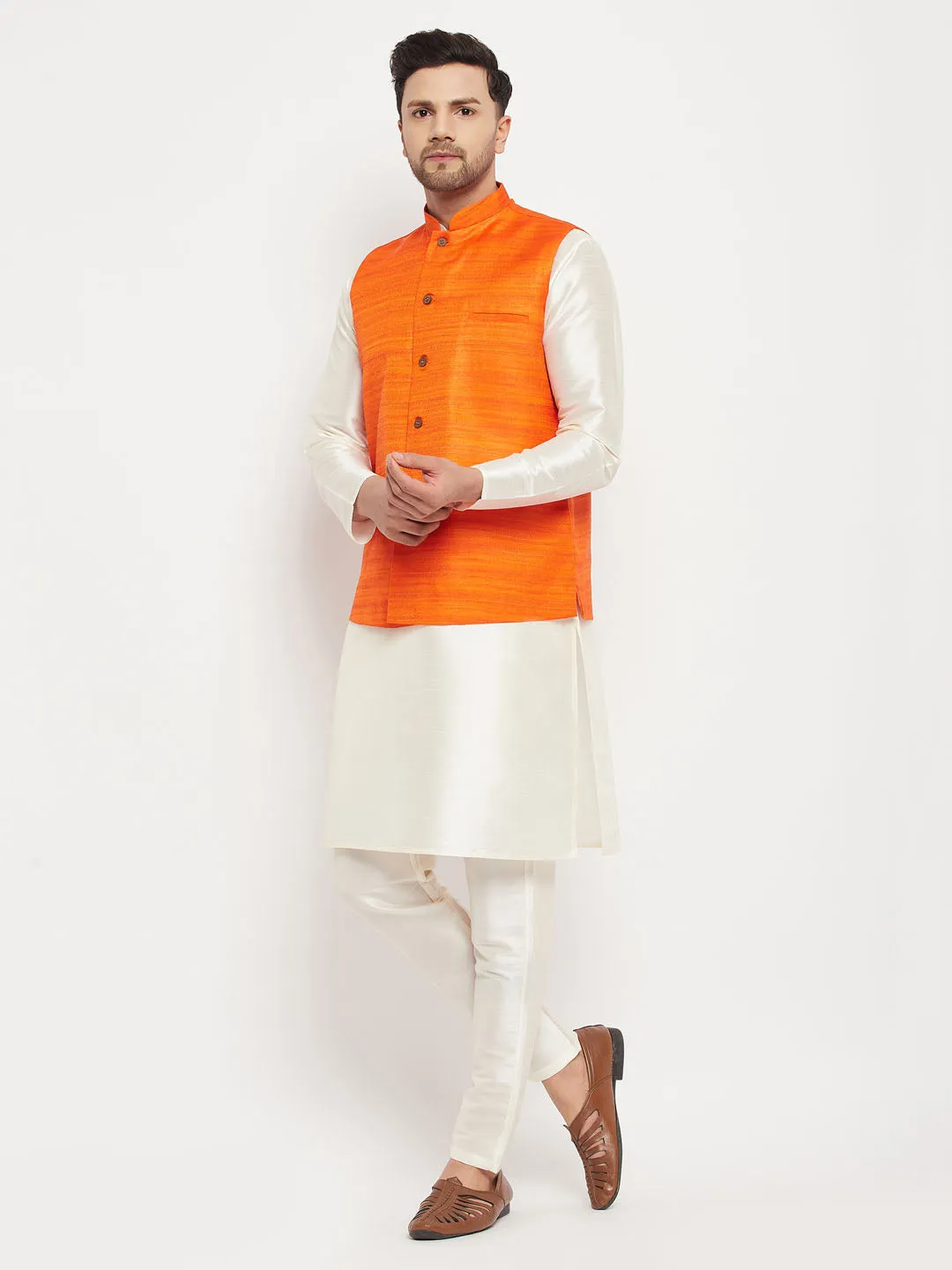 VASTRAMAY Orange Matka Silk Nehru Jacket Set