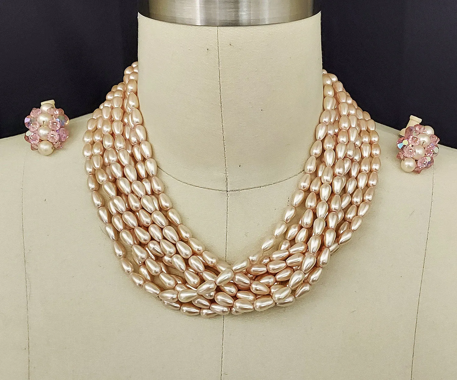 VINTAGE '80S DESIGNER CAROLEE BABY PINK 6 STRAND LAYERED FAUX PEARL NECKLACE PAIRED WITH SPARKLING BEADS & PEARL EARRINGS