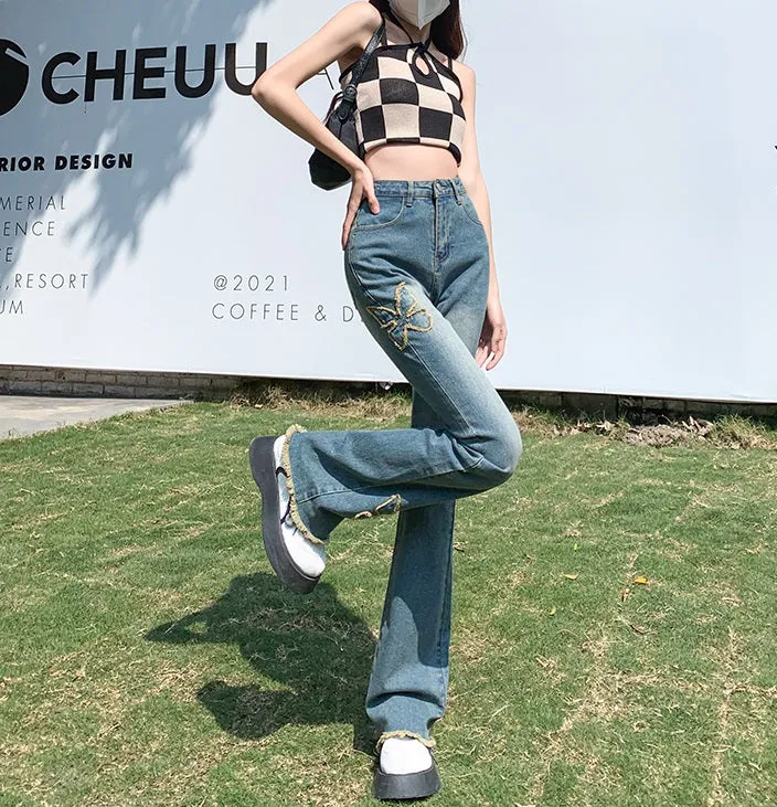 Wide Leg Retro Women Butterfly Denim Jeans