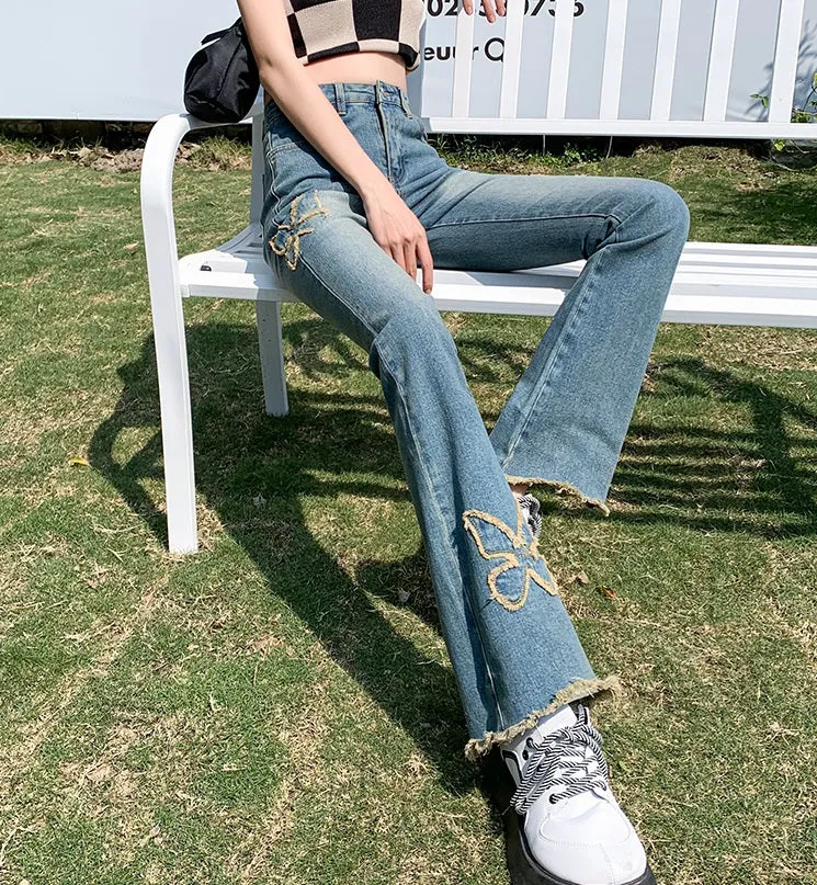 Wide Leg Retro Women Butterfly Denim Jeans