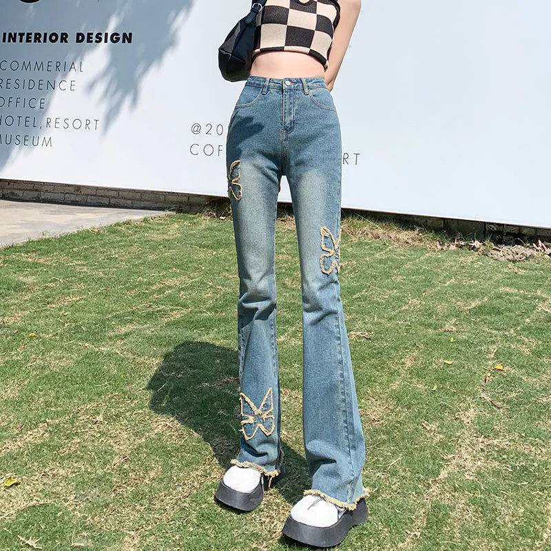 Wide Leg Retro Women Butterfly Denim Jeans