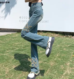 Wide Leg Retro Women Butterfly Denim Jeans