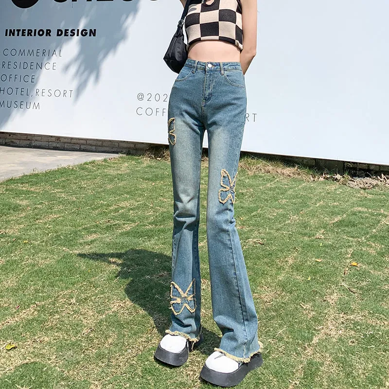 Wide Leg Retro Women Butterfly Denim Jeans
