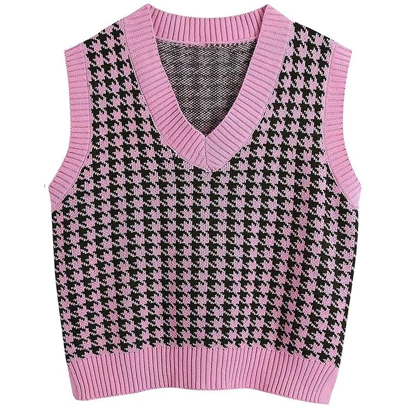 Winter fall pullover knit v neck plaid sweater vest women