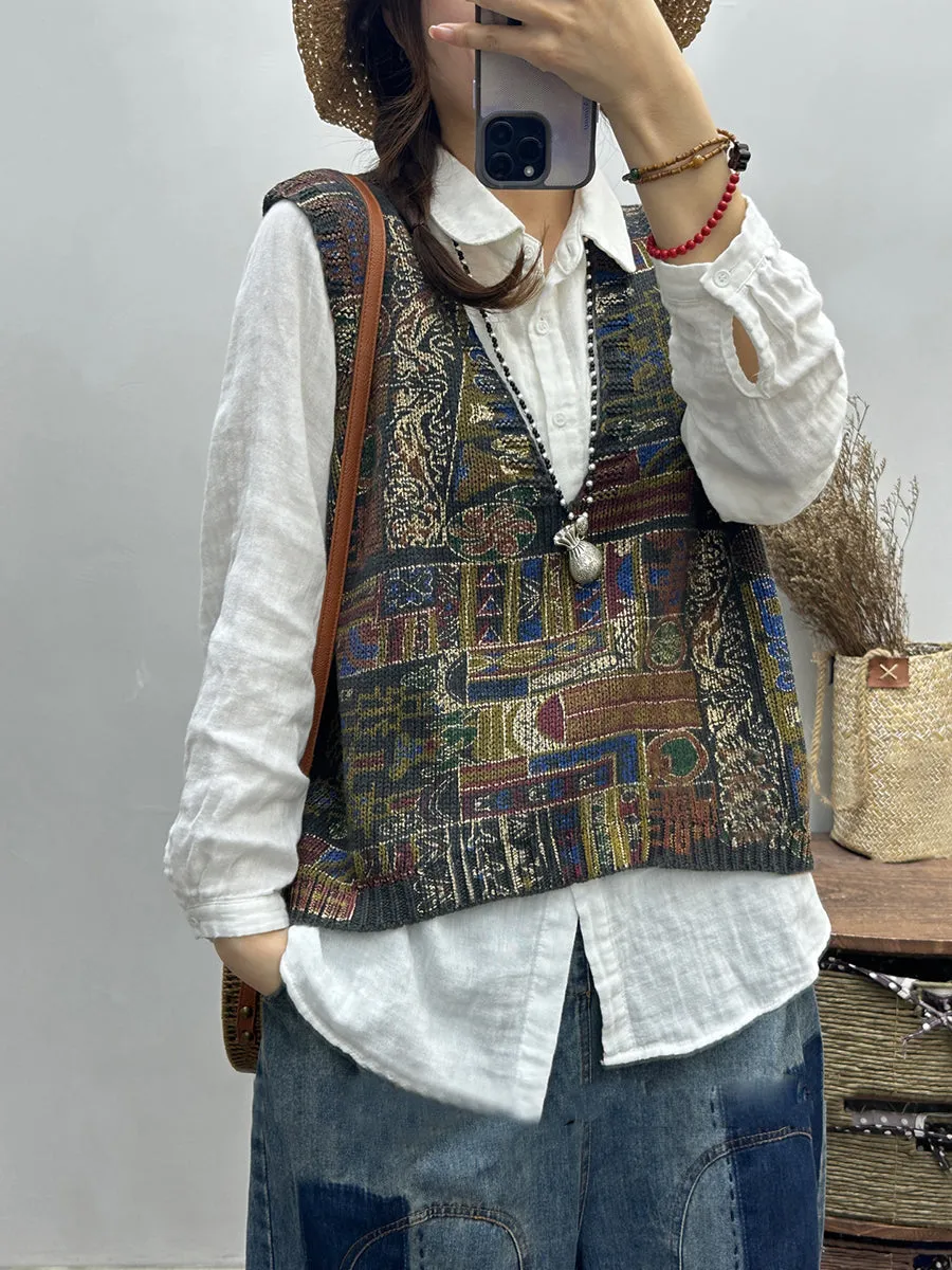 Women Vintage Print Knitted V-Neck Vest OO1029