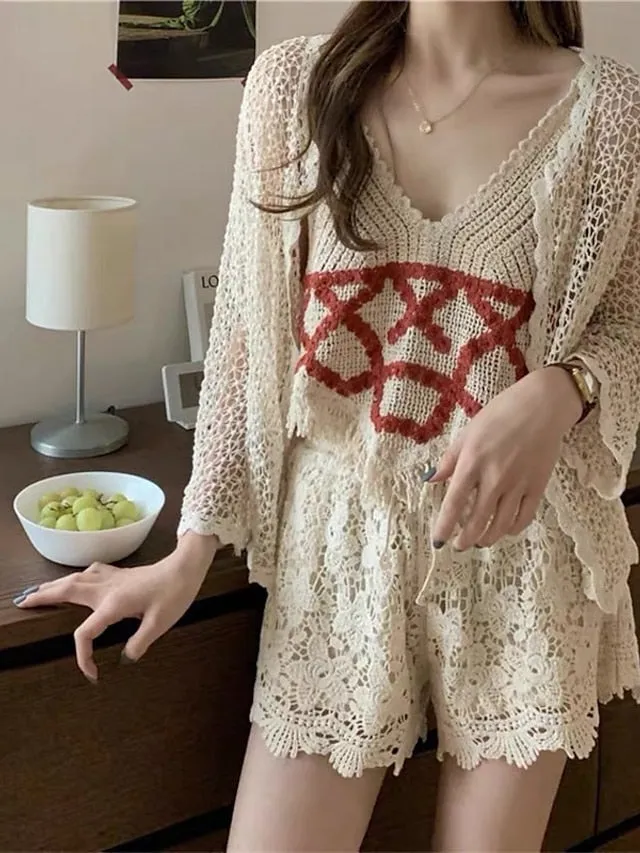 Women's Cardigan Sweater Jumper Crochet Knit Knitted Thin Solid Color Open Front Stylish Casual Outdoor Daily Spring Summer Beige White One-Size / Cotton / Long Sleeve / Cotton / Holiday