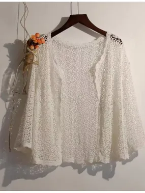 Women's Cardigan Sweater Jumper Crochet Knit Knitted Thin Solid Color Open Front Stylish Casual Outdoor Daily Spring Summer Beige White One-Size / Cotton / Long Sleeve / Cotton / Holiday
