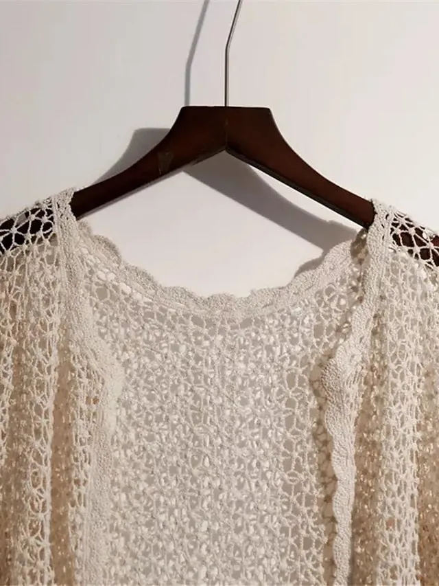 Women's Cardigan Sweater Jumper Crochet Knit Knitted Thin Solid Color Open Front Stylish Casual Outdoor Daily Spring Summer Beige White One-Size / Cotton / Long Sleeve / Cotton / Holiday