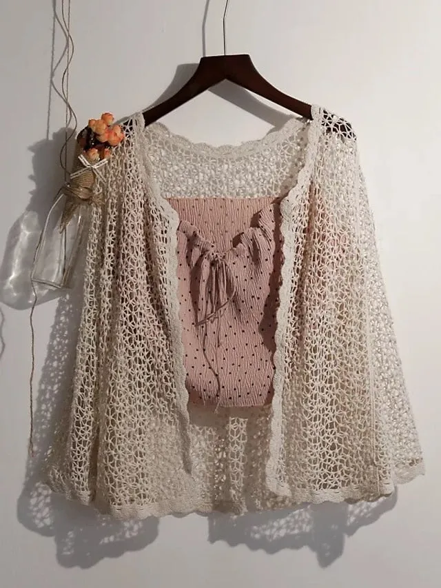 Women's Cardigan Sweater Jumper Crochet Knit Knitted Thin Solid Color Open Front Stylish Casual Outdoor Daily Spring Summer Beige White One-Size / Cotton / Long Sleeve / Cotton / Holiday