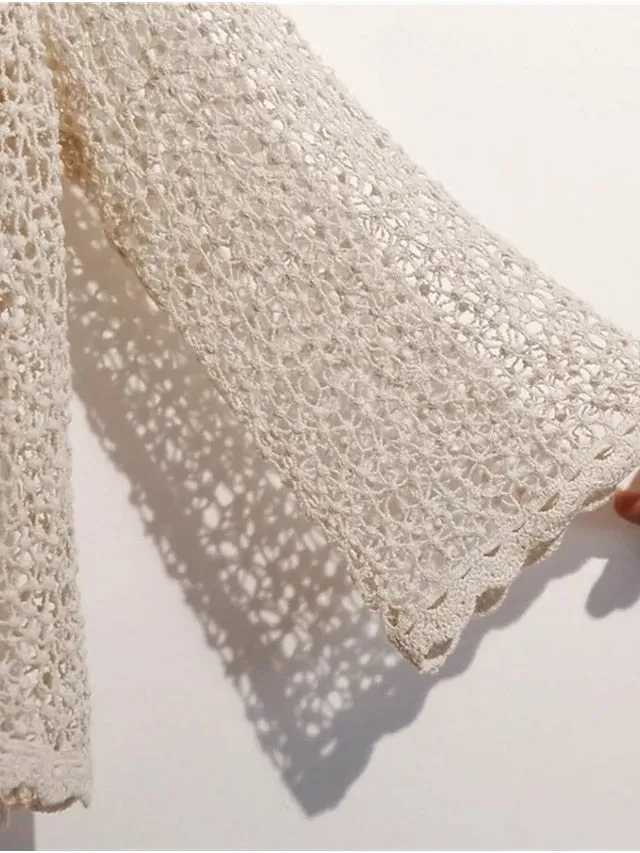 Women's Cardigan Sweater Jumper Crochet Knit Knitted Thin Solid Color Open Front Stylish Casual Outdoor Daily Spring Summer Beige White One-Size / Cotton / Long Sleeve / Cotton / Holiday