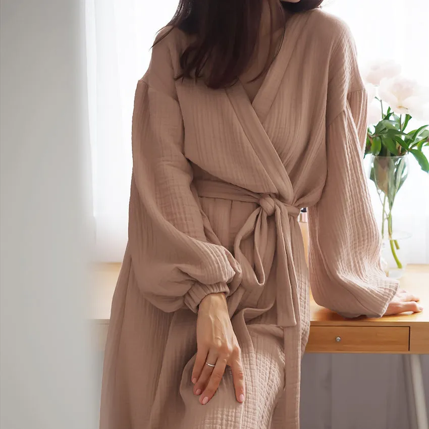 Women's Cotton Gauze Simple Casual Fashion Home Pajamas long sleeve knitted robe fashion pajamas, lioness-love