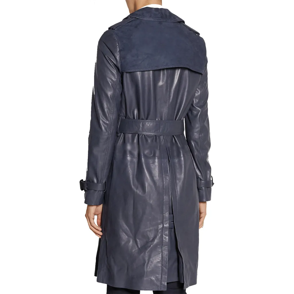Women's Knee Length Double Breasted Gray Leather Coat TC17