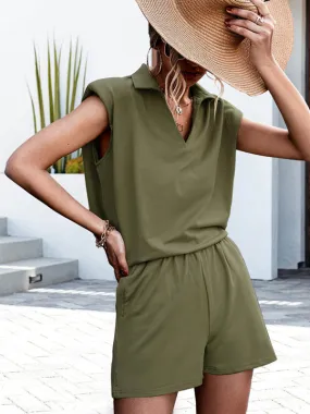 Women's Knitted Casual Shoulder Pad Vest Shorts Two-Piece Set