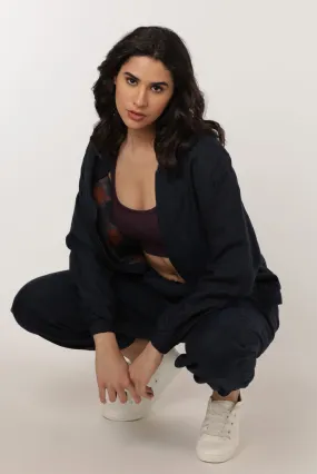 Womens Lined Bomber Jacket and Pant Coord Set Linen : Arya Navy