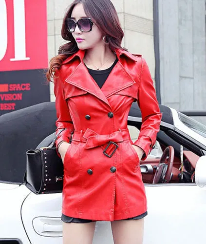 Women’s Orange Leather Mid Length Trench Coat TC04