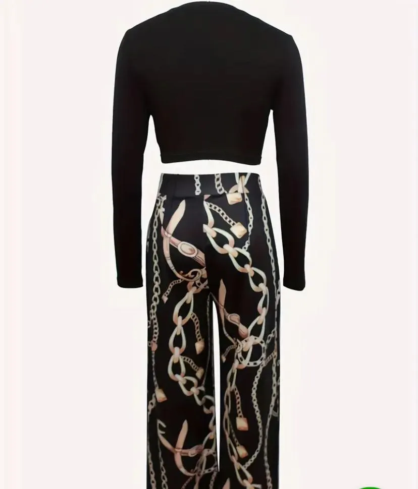 Women's Polyester Knit Chain Print High-Waist Wide Leg Pantsuit with Long Sleeve