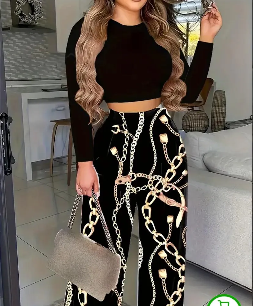 Women's Polyester Knit Chain Print High-Waist Wide Leg Pantsuit with Long Sleeve