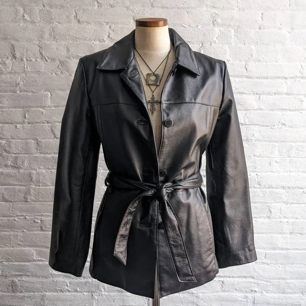 Y2K Vintage Minimalist Leather Trench Coat Jacket Chic Biker Moto Goth Duster